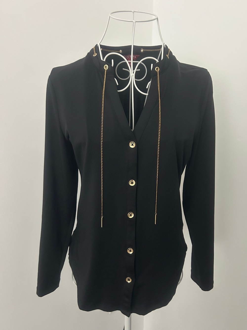 GUESS Women’s Black Gold Chain Trim Long Sleeve Button Down Blouse Top Size XS